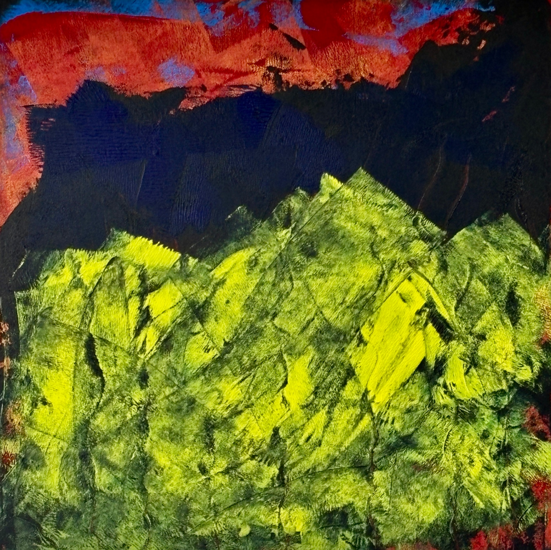 Abstract landscape with a chartreuse mountain rising into a deep indigo and crimson sky